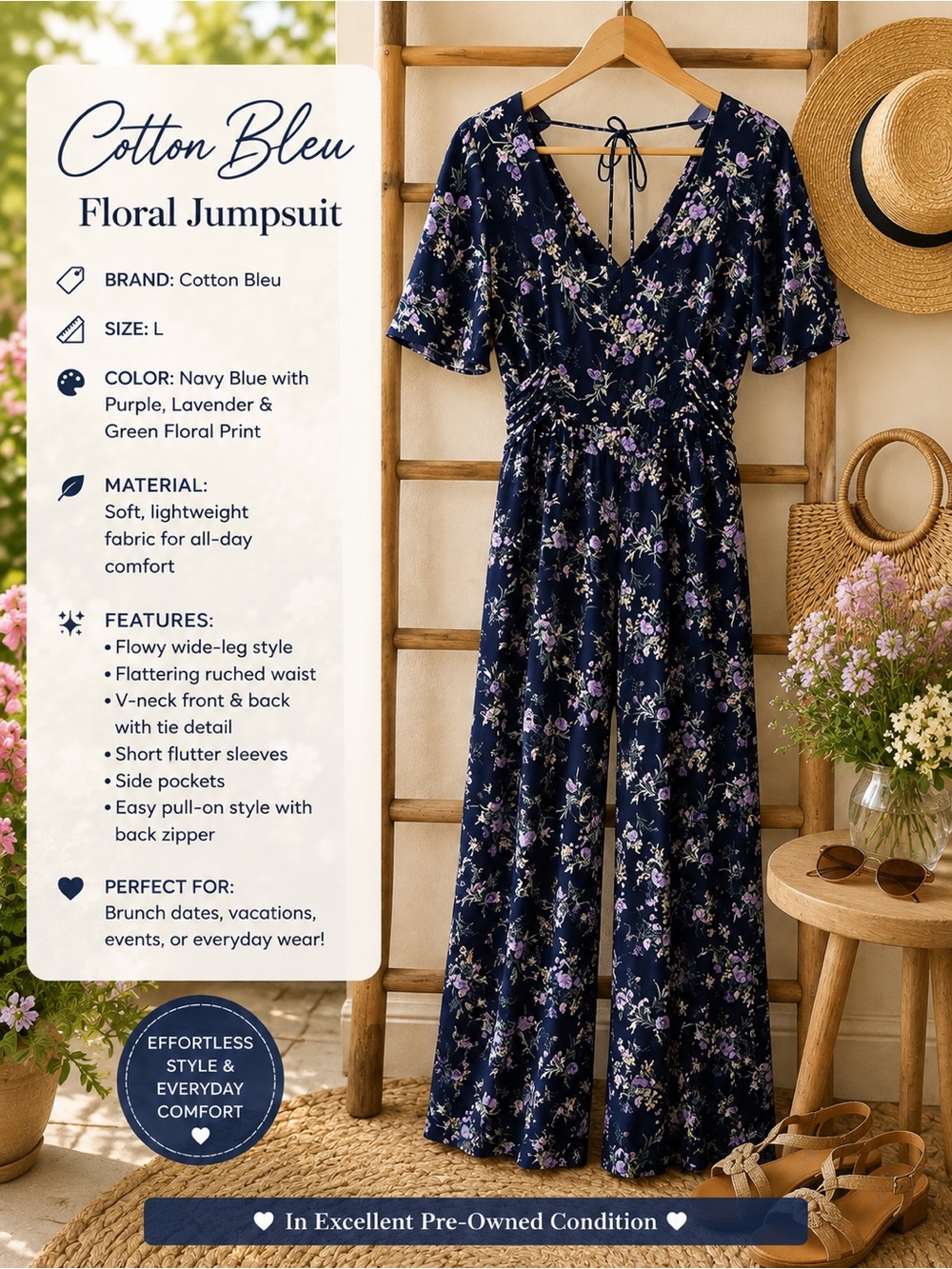 Cotton Bleu Navy Blue Floral Jumpsuit with Tie V-Neck